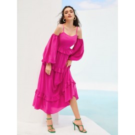 Cold Shoulder Lantern Sleeve Ruffle Hem Dress