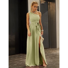 Twist Shoulder Belted Split Thigh Dress
