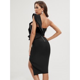 One Shoulder Exaggerated Ruffle Trim Split Hem Bodycon Bandage Dress