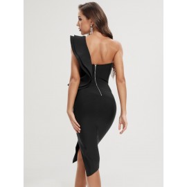 One Shoulder Exaggerated Ruffle Trim Split Hem Bodycon Bandage Dress
