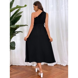 One Shoulder Frill Trim Self Belted Dress