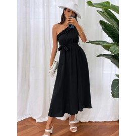 One Shoulder Frill Trim Self Belted Dress