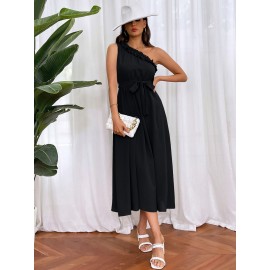 One Shoulder Frill Trim Self Belted Dress