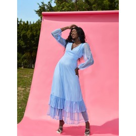 Lace Up Backless Lantern Sleeve Layered Hem Dobby Mesh Dress