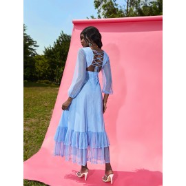 Lace Up Backless Lantern Sleeve Layered Hem Dobby Mesh Dress