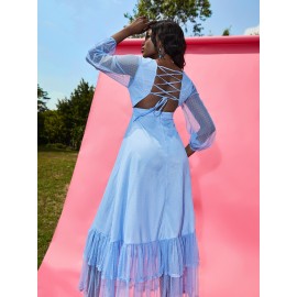 Lace Up Backless Lantern Sleeve Layered Hem Dobby Mesh Dress