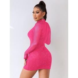 Mesh Insert Mock Neck Bodycon Dress