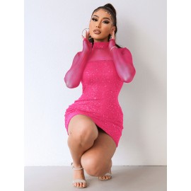 Mesh Insert Mock Neck Bodycon Dress