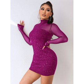 Mesh Insert Mock Neck Bodycon Dress