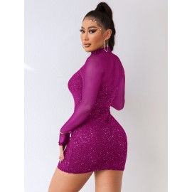 Mesh Insert Mock Neck Bodycon Dress