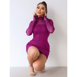Mesh Insert Mock Neck Bodycon Dress