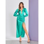Plunging Neck Gigot Sleeve Backless Drawstring Split Thigh Dress