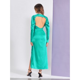 Plunging Neck Gigot Sleeve Backless Drawstring Split Thigh Dress