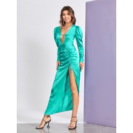 Plunging Neck Gigot Sleeve Backless Drawstring Split Thigh Dress