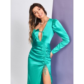 Plunging Neck Gigot Sleeve Backless Drawstring Split Thigh Dress