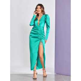 Plunging Neck Gigot Sleeve Backless Drawstring Split Thigh Dress