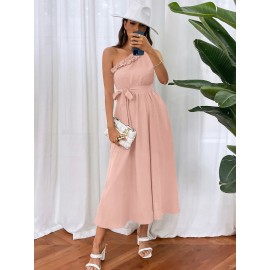 One Shoulder Frill Trim Self Belted Dress