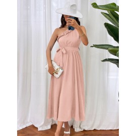 One Shoulder Frill Trim Self Belted Dress