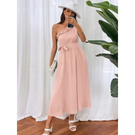 One Shoulder Frill Trim Self Belted Dress