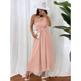 One Shoulder Frill Trim Self Belted Dress
