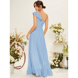 One Shoulder Ruffle Trim Bridesmaid Dress