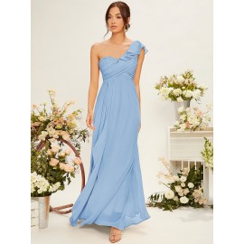 One Shoulder Ruffle Trim Bridesmaid Dress