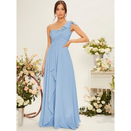 One Shoulder Ruffle Trim Bridesmaid Dress