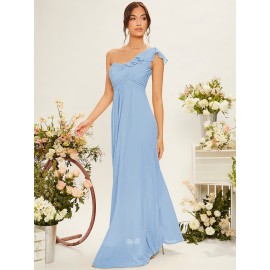 One Shoulder Ruffle Trim Bridesmaid Dress