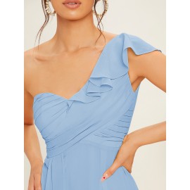 One Shoulder Ruffle Trim Bridesmaid Dress