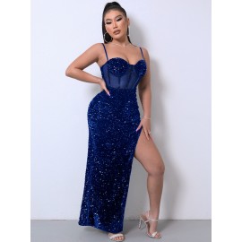 Contrast Sequin Mesh Panel Split Thigh Maxi  Dress