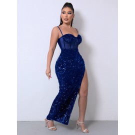 Contrast Sequin Mesh Panel Split Thigh Maxi  Dress