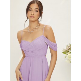 Cold Shoulder Tie Backless Fold Pleated Bridesmaid Dress