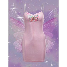 Sequin Butterfly Pattern Beaded Strap  Dress