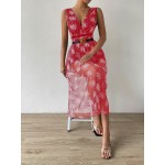 Floral Print Backless Mesh Overlay Dress Without Belt