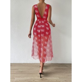 Floral Print Backless Mesh Overlay Dress Without Belt