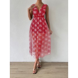 Floral Print Backless Mesh Overlay Dress Without Belt
