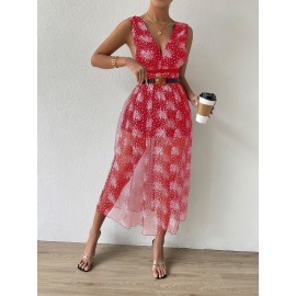 Floral Print Backless Mesh Overlay Dress Without Belt