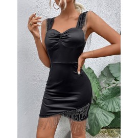 Fringe Trim Ruched Wrap Hem Satin Bodycon Dress