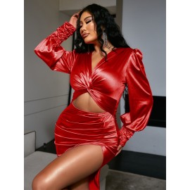 Twist Front Cut Out Ruched Split Thigh Satin Dress