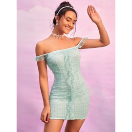 Swiss Dot Off Shoulder Frill Trim Mesh Dress