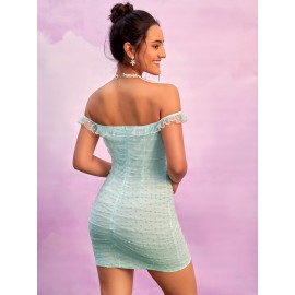 Swiss Dot Off Shoulder Frill Trim Mesh Dress