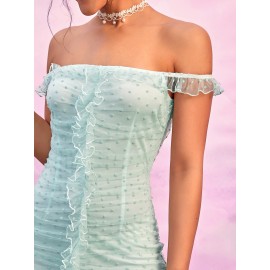 Swiss Dot Off Shoulder Frill Trim Mesh Dress