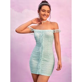 Swiss Dot Off Shoulder Frill Trim Mesh Dress