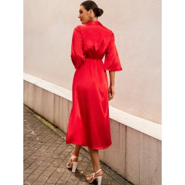 Solid Surplice Neck Split Hem Dress