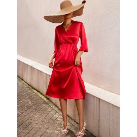 Solid Surplice Neck Split Hem Dress