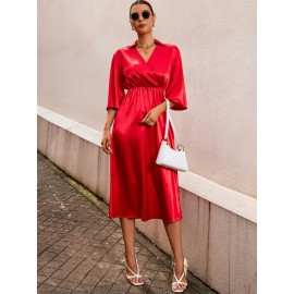 Solid Surplice Neck Split Hem Dress