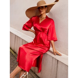 Solid Surplice Neck Split Hem Dress