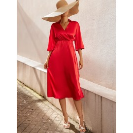 Solid Surplice Neck Split Hem Dress