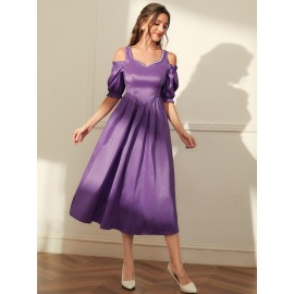 Modely Cold Shoulder Faux Pearl Frill Trim Dress