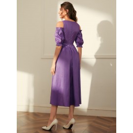 Modely Cold Shoulder Faux Pearl Frill Trim Dress